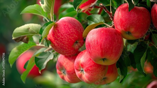 there is a string of 7 very red apples hanging on the tree, rosy and full, crystal clear, green leaves,​