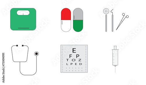 Set of Medical and Hospital Equipment Simple Flat Lined Illustration