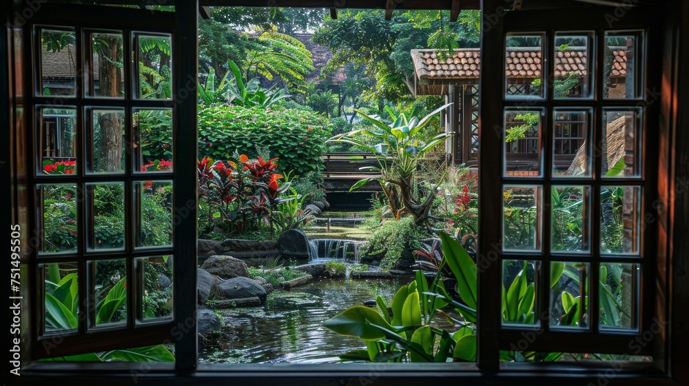A photo of a garden view with a stream, seen from a window. The stream is surrounded by trees and plants, and there is a small house in the background. A photo of a garden view with a stream, seen from a window. The stream is surrounded by trees and plants, and there is a small house in the background.