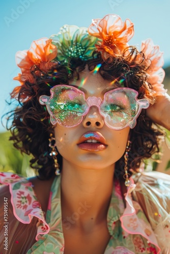 Woman with wavy hair wearing whimsical glasses and a colorful floral outfit looking up