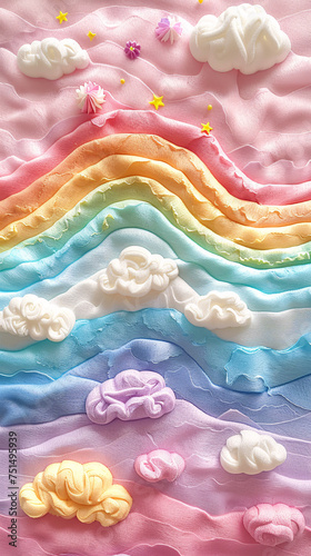 Whimsical scene of clouds, stars, and a rainbow on textured waves of gradient hues