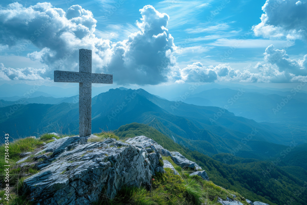View of religious cross on top of mountain with sky and clouds. Generative Ai View of religious cross on top of mountain with sky and clouds. Generative Ai