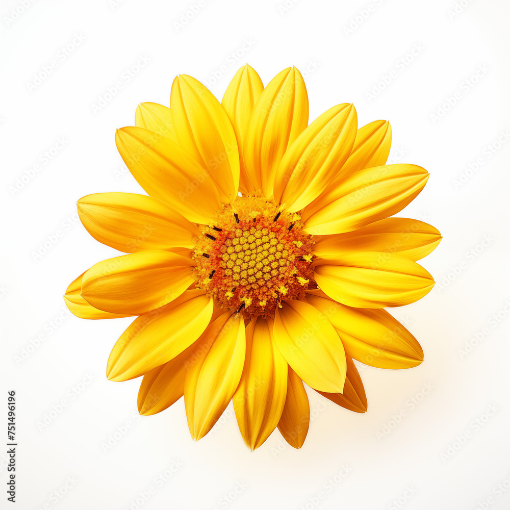Yellow gerbera flower isolated on white background in blossom in springtime, top view of single plant Yellow gerbera flower isolated on white background in blossom in springtime, top view of single plant