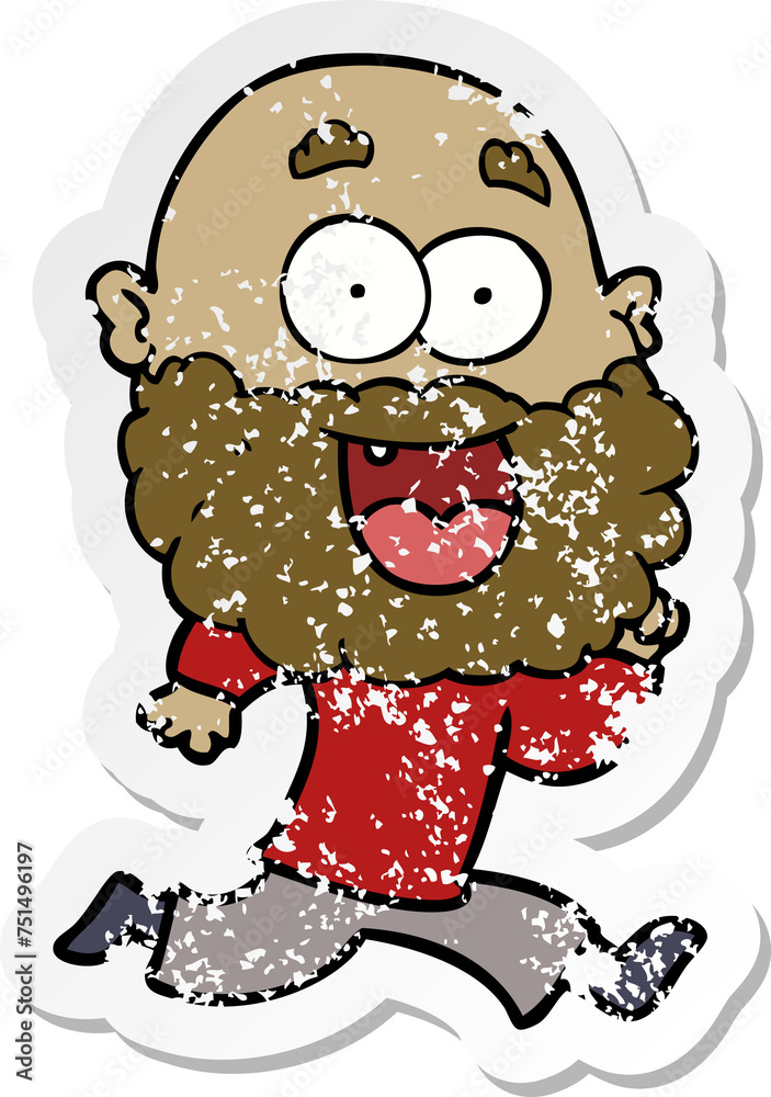 distressed sticker of a cartoon crazy happy man with beard running distressed sticker of a cartoon crazy happy man with beard running