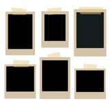 Set of old polaroid frames of different shapes. Superset photo frame on sticky tape isolated on white background. Photo frame vector mockup. Collage templates