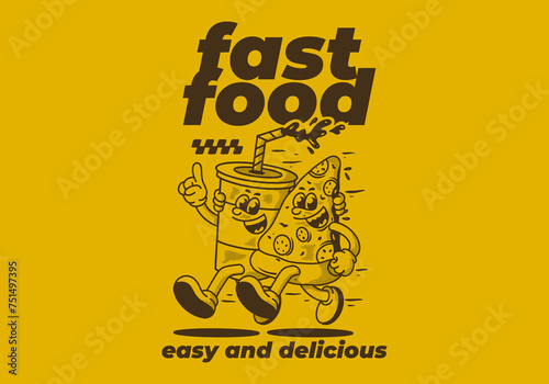 Fast food, easy and delicious. Character illustration of running pizza and soft drink