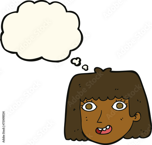 cartoon happy female face with thought bubble