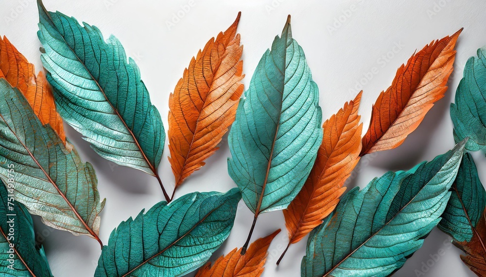 pattern of turquoise and orange leaves on a white background copy space top view flat lay