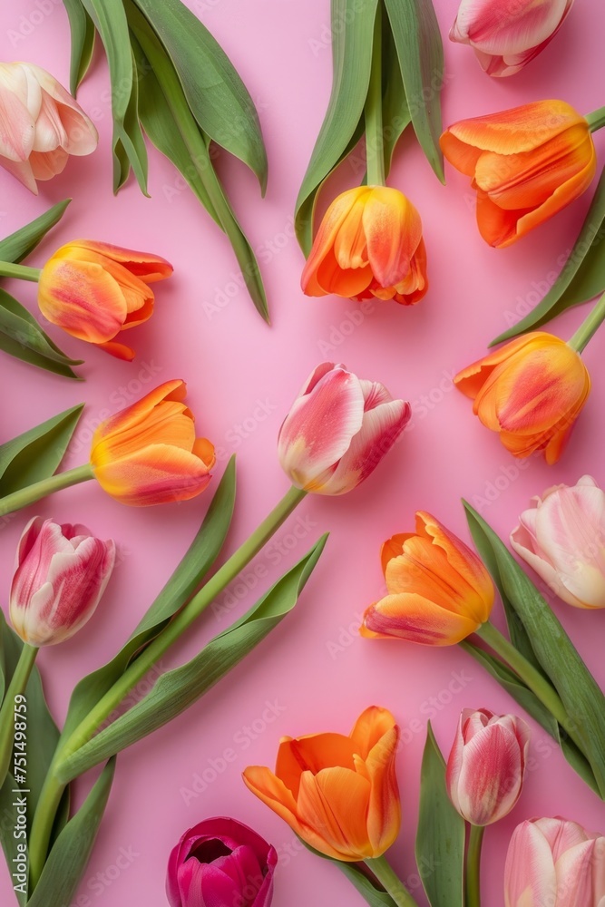 A beautiful arrangement of brightly colored tulips laid out on a soft pink background, perfect for spring themes A beautiful arrangement of brightly colored tulips laid out on a soft pink background, perfect for spring themes