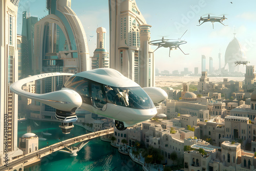 A futuristic city with flying cars and advanced drones photo