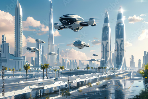 A futuristic city with flying cars and advanced drones photo