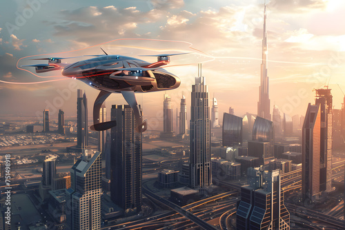 A futuristic city with flying cars and advanced drones