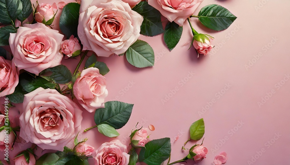 flowers composition frame made of pink roses and leaves on pastel pink background flat lay top view copy space