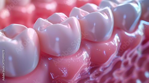 A 3D model of human teeth and gums, illuminated with pink and blue lighting