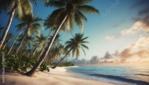 tropical palm trees on the caribbean beach and blue sky background