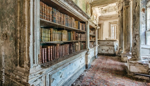 bookcase with antique books in an old abandoned mansion