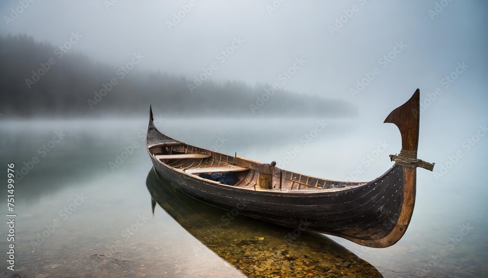 vikings boat in a fog generation - obrazy, fototapety, plakaty 