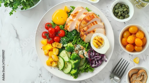 Healthy salad with chicken breast, cherry tomatoes, cucumbers, red cabbage, pumpkin seeds, quail eggs and microgreens on marble background