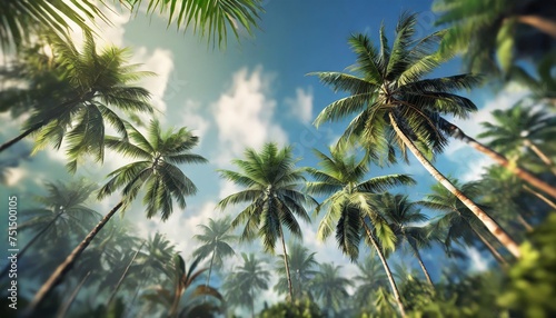 green palm trees against blue sky and white clouds tropical jungle forest with bright blue sky panoramic nature banner idyllic natural landscape looking up low point of view summer traveling © Wayne