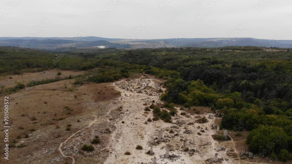 Dikilitas pobiti kamani rock formations in the east of Bulgaria, located 18 km from Varna. Panoramic aerial drone view from above
