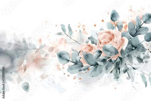 Watercolor floral bouquet with eucalyptus and pink gold elements frame isolated on white background #751500548