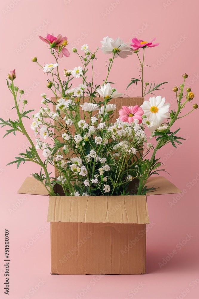 Fototapeta premium A vibrant array of assorted flowers including cosmos and baby's breath arranged in a simple cardboard box against a pink backdrop
