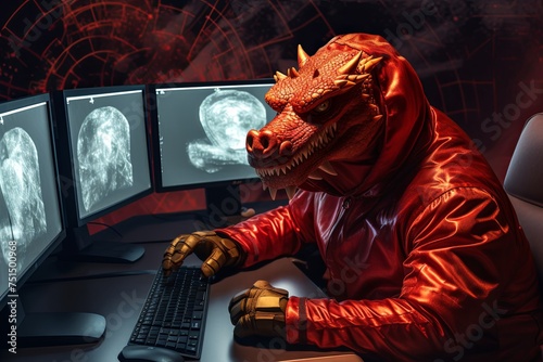 A fantastical dragon in a red hoodie intently studies multiple computer screens with data and graphs in a dimly lit room.