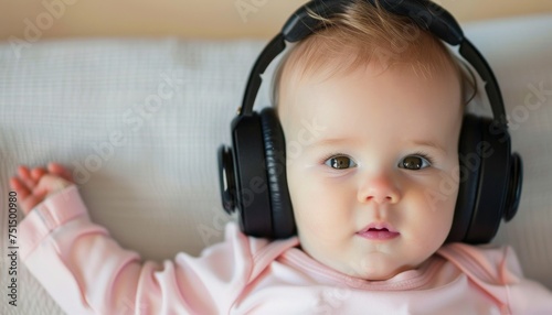 Adorable baby lying on back wearing large black headphones, looking at camera