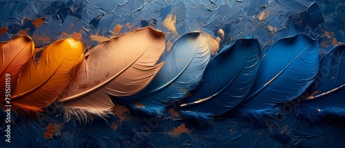 This is an abstract artistic background with vintage illustrations, feathers, blue, gold brushstrokes. A textured background is added to the background to create depth. It is an oil on canvas. Modern