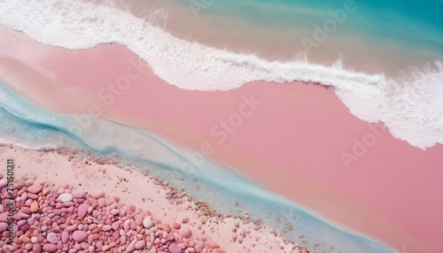 Top view of pink sand beach and waves. Relaxing romantic beautiful coastal scenario AI generated image.