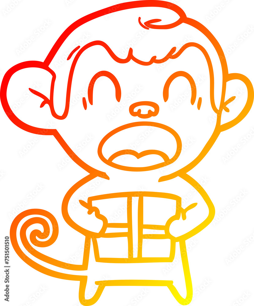 Fototapeta premium warm gradient line drawing shouting cartoon monkey carrying christmas gift