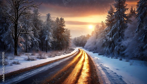 beautiful view of the sunrise in the morning on the country snowy road © Wayne