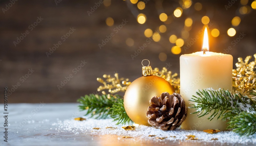 second advent christmas background with advent candle and golden decoration