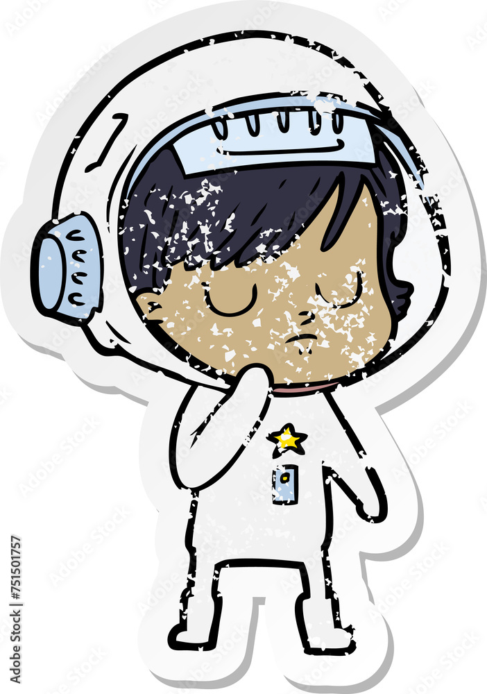 distressed sticker of a cartoon astronaut woman distressed sticker of a cartoon astronaut woman