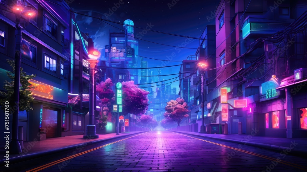 Colorful neon street with high buildings
