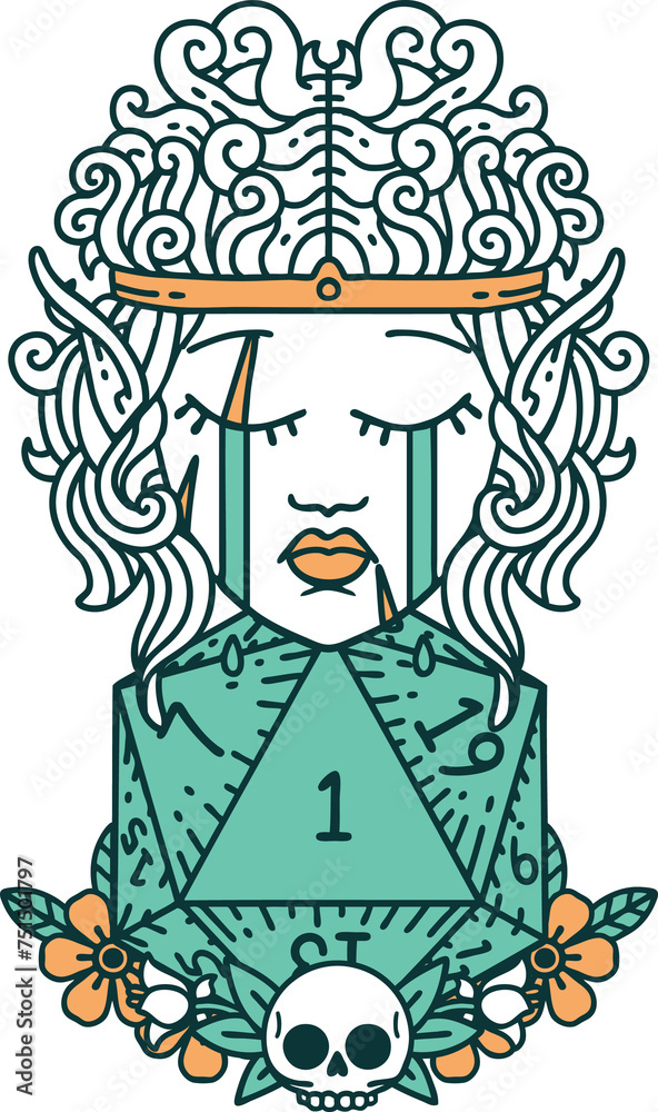 crying elf barbarian character with natural one D20 roll illustration crying elf barbarian character with natural one D20 roll illustration