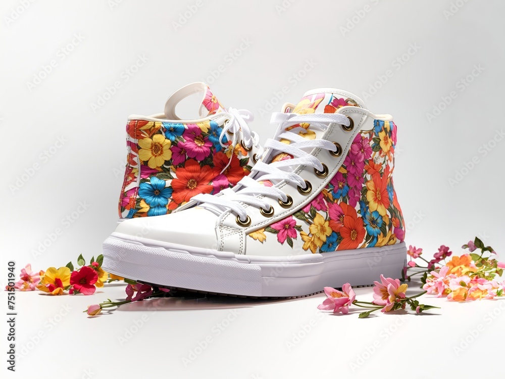 Sneakers with floral ornament on a white background