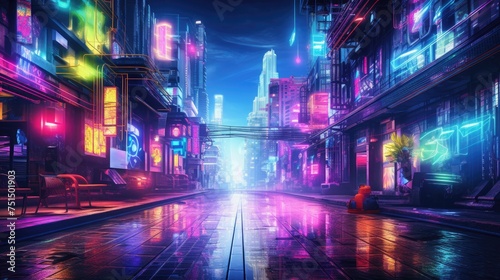 Colorful neon street with high buildings