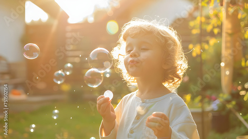 A happy child blowing soap bubbles in a sunny backyard  representing the joy of childhood   
