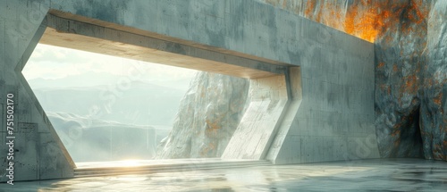 Abstract futuristic architecture with concrete floor rendered in 3D.