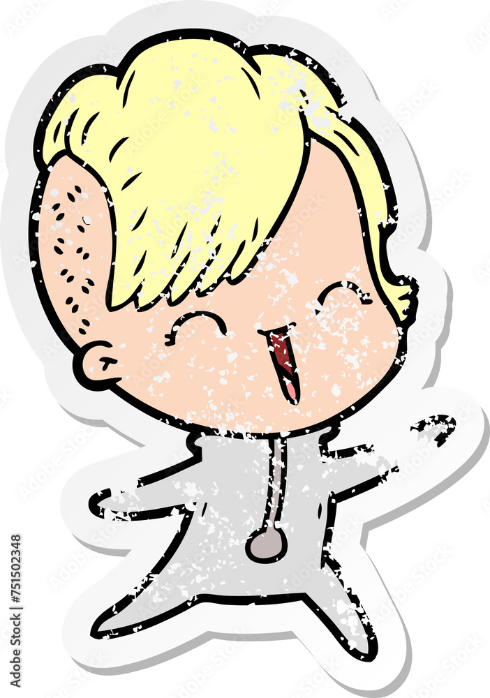 Obraz premium distressed sticker of a happy cartoon hipster girl