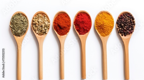 Colorful spices in wooden spoon isolated on white