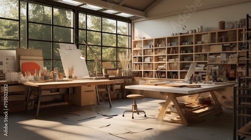 Modern  studio with panoramic windows, library , stylish accessories. Open space and living room. Biege sofa Brown wooden parquet . Idea for home  interior design. Scandinavian loft apartment.