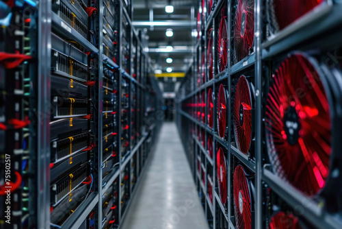 Data Center Servers with Red Fans on Top in neat rows gracefully displayed in a clean and organized setting