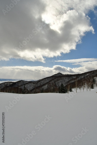 Snow landscape in Hokkaido hills near Biei Japan Nature beauty