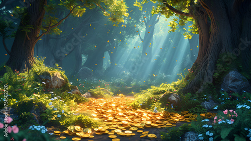 Fantasy Forest Scenery with Treasure Chests and Magical Artifacts - Digital Concept Art Generative Ai © Saleem