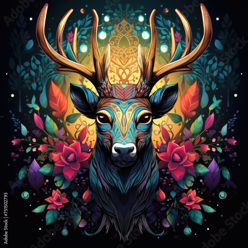 Colorful deer mandala art on black background. Design print for t-shirt