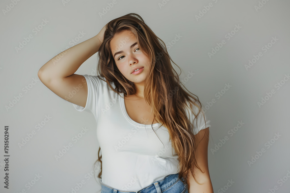 Young beautiful plus size woman with long hair in white t-shirt posing, body positive Young beautiful plus size woman with long hair in white t-shirt posing, body positive