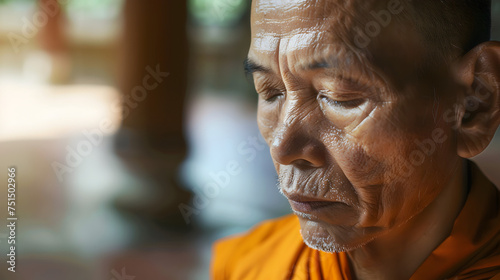 Close-up photo of a focused monk in a quiet meditation pose