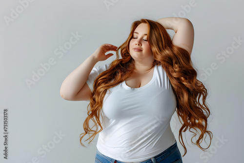 Young beautiful plus size woman with long hair in white t-shirt posing, body positive photo